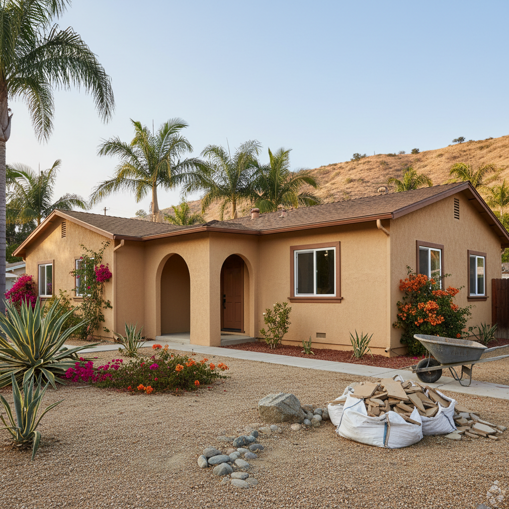 Completed stucco removal work at a residential property in Pomona, CA