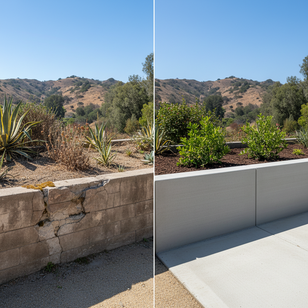 Completed concrete retaining walls work at a residential property in Ventura, CA