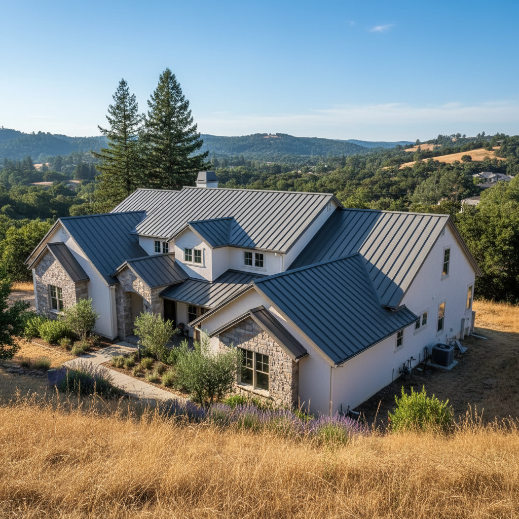 Completed metal roofing work at a residential property in El Dorado Hills, CA