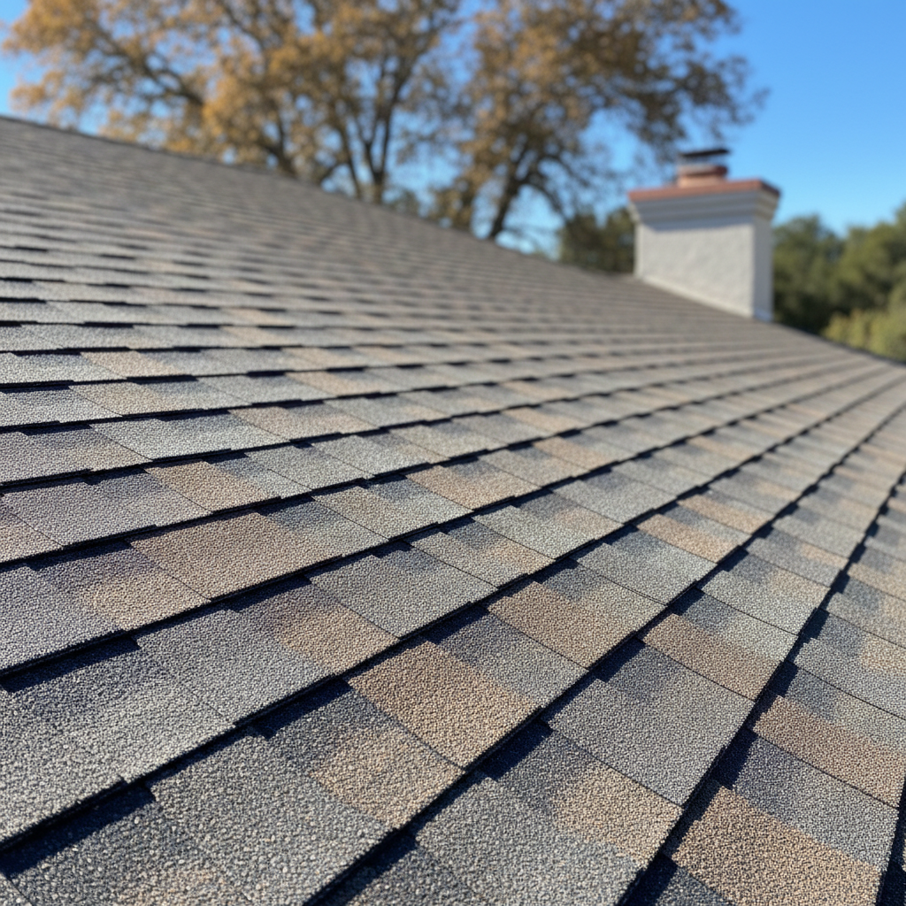 Completed asphalt shingle roofing work at a residential property in Rancho Cordova, CA