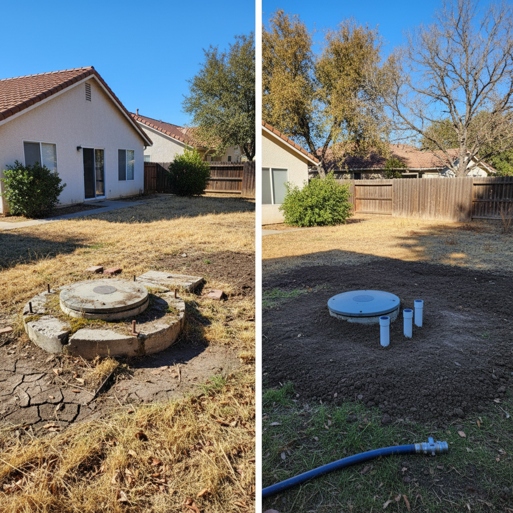 Completed septic tank pumping work at a residential property in Fresno, CA