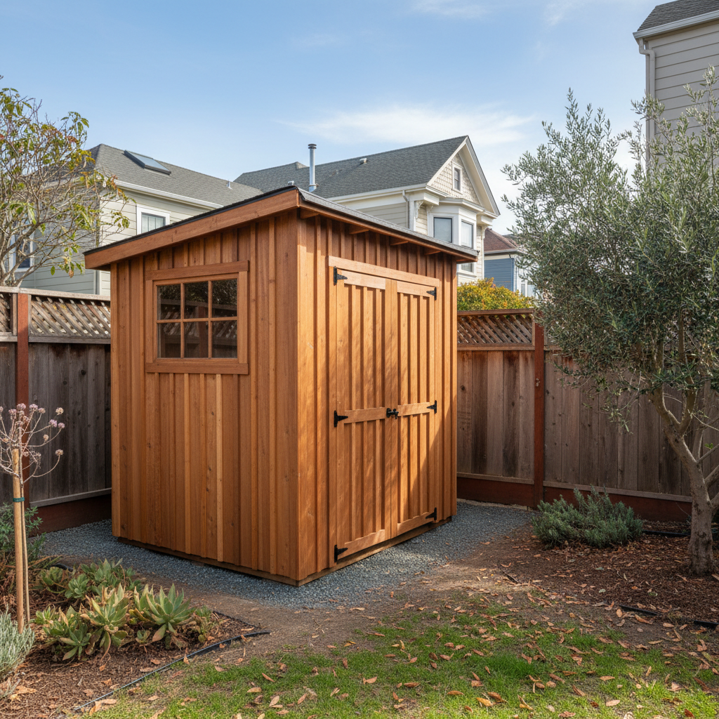 Completed shed delivery and installation work at a residential property in San Francisco, CA