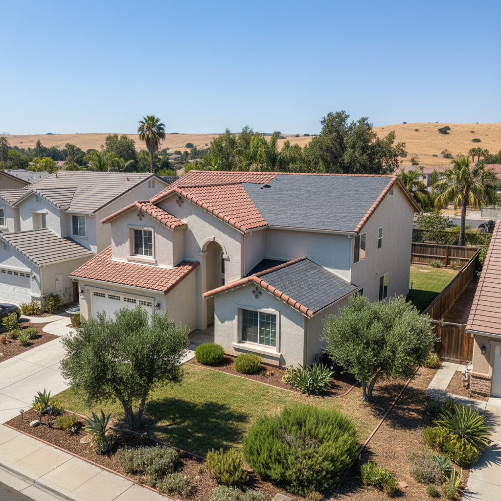 Completed roof repair work at a residential property in Rancho Cordova, CA