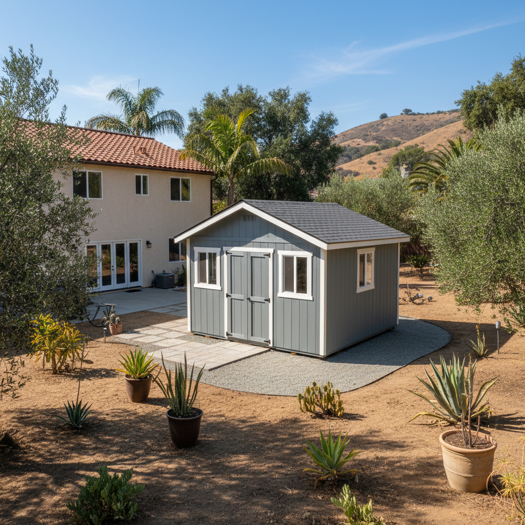 Completed shed delivery and installation work at a residential property in Los Angeles, CA