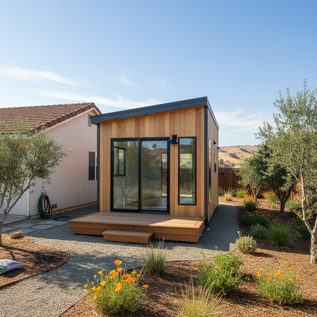 Completed tiny homes work at a residential property in Tracy, CA