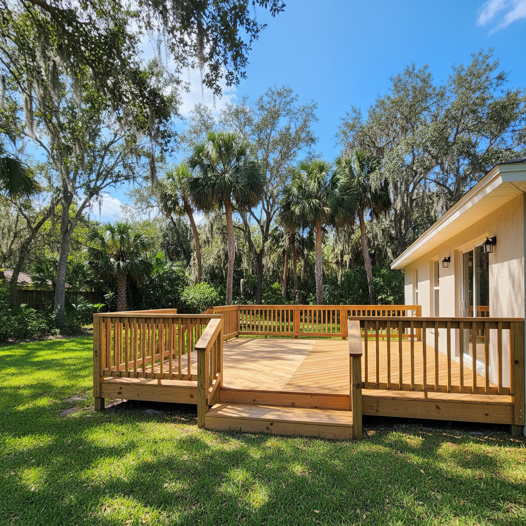 Completed deck construction work at a residential property in Cross City, FL