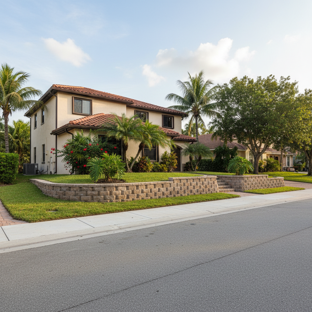Completed retaining wall construction work at a residential property in Hialeah, FL