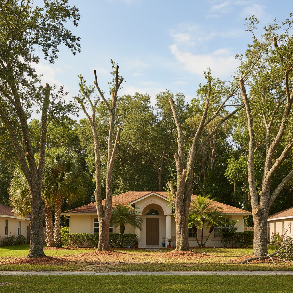 Completed tree pruning work at a residential property in Clermont, FL