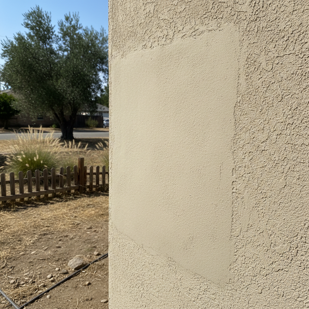 Completed stucco repair work at a residential property in Fresno, CA