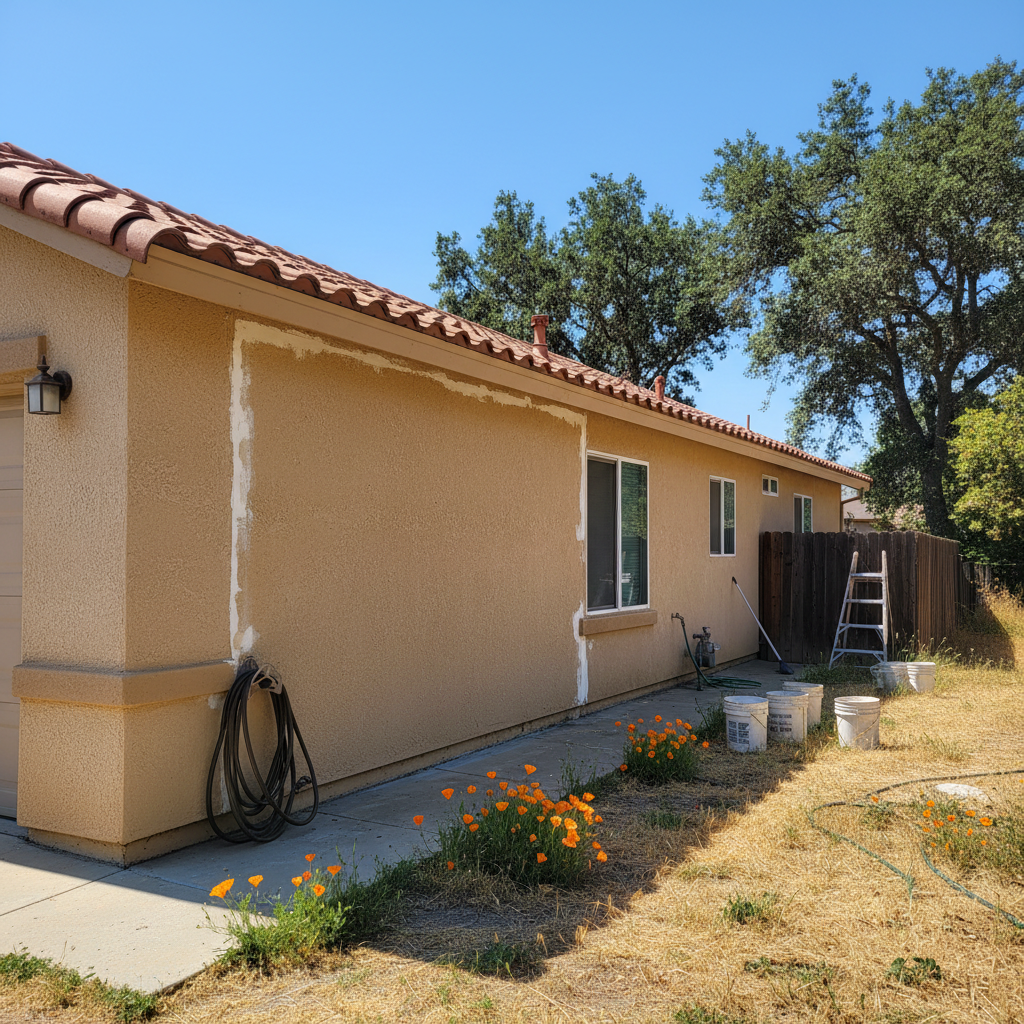 Completed stucco repair work at a residential property in Stockton, CA