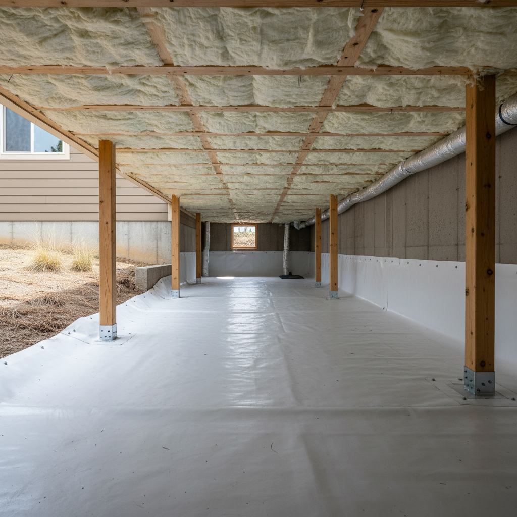 Completed crawl space insulation work at a residential property in Meridian, ID