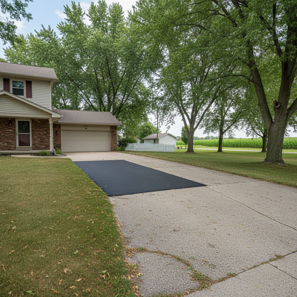 Completed asphalt patching work at a residential property in Le Roy, IL