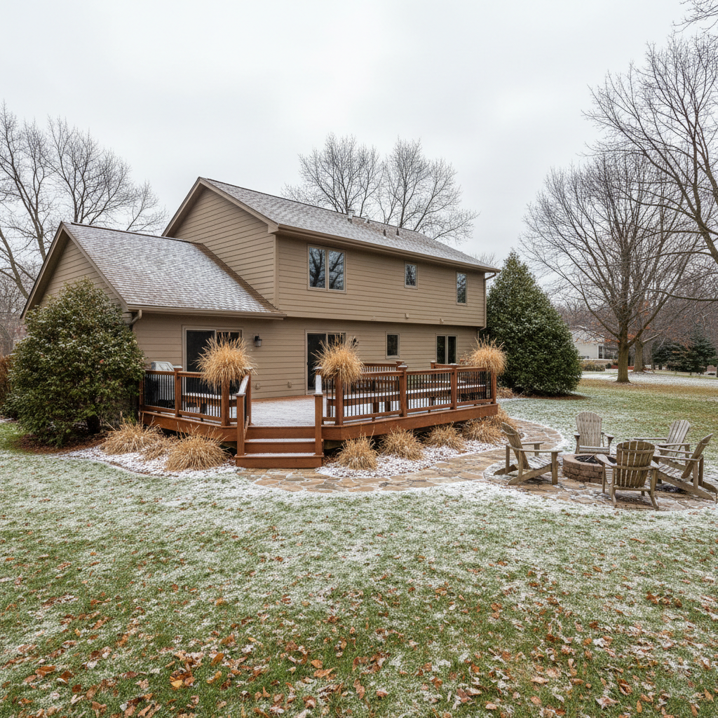 Completed deck construction work at a residential property in Rockford, IL