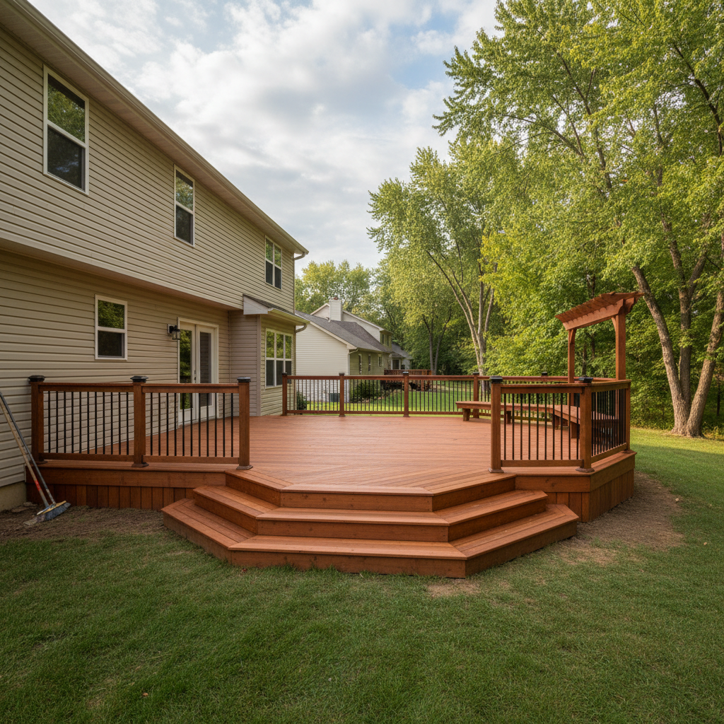 Completed deck construction work at a residential property in Rockford, IL