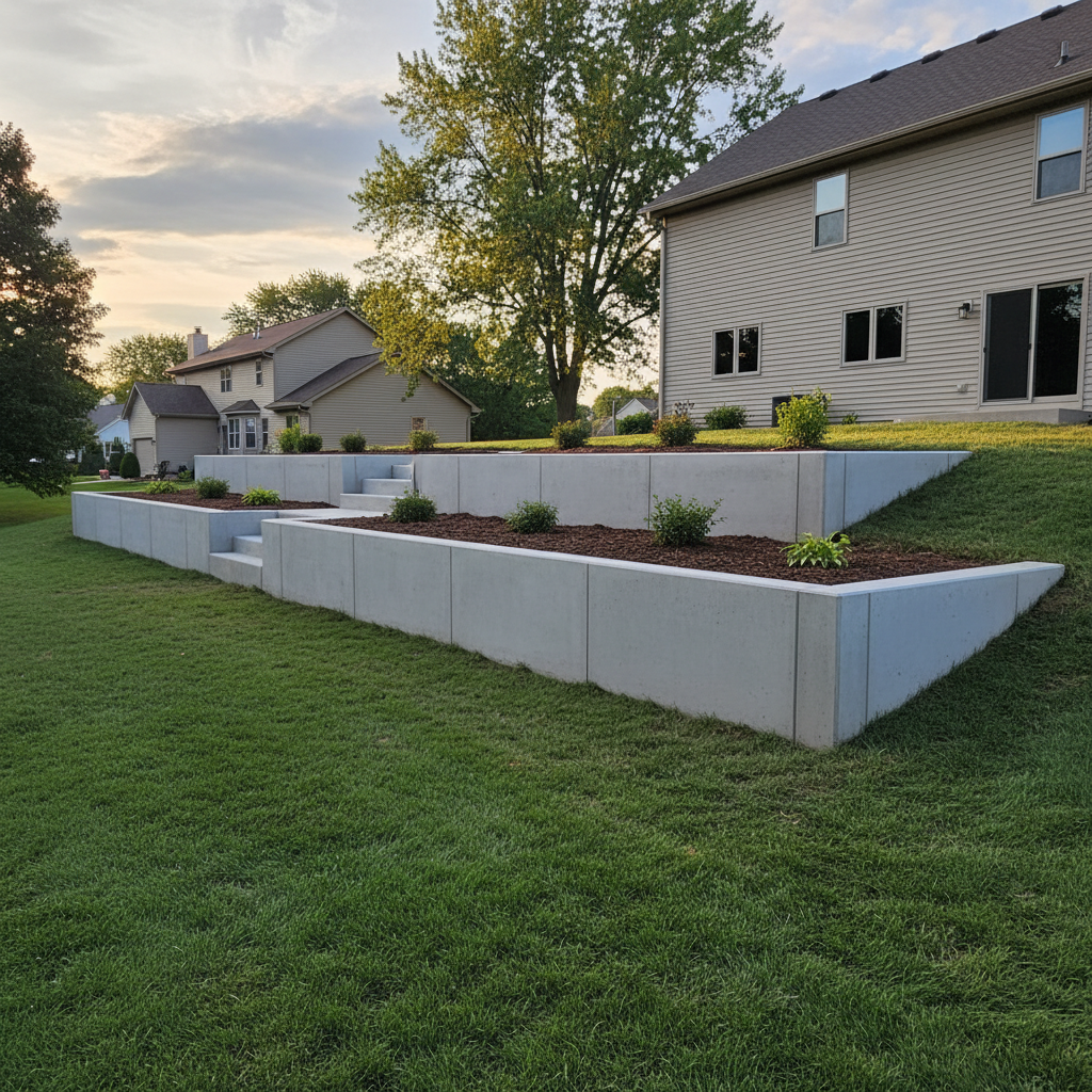 Completed concrete retaining walls work at a residential property in Wheaton, IL