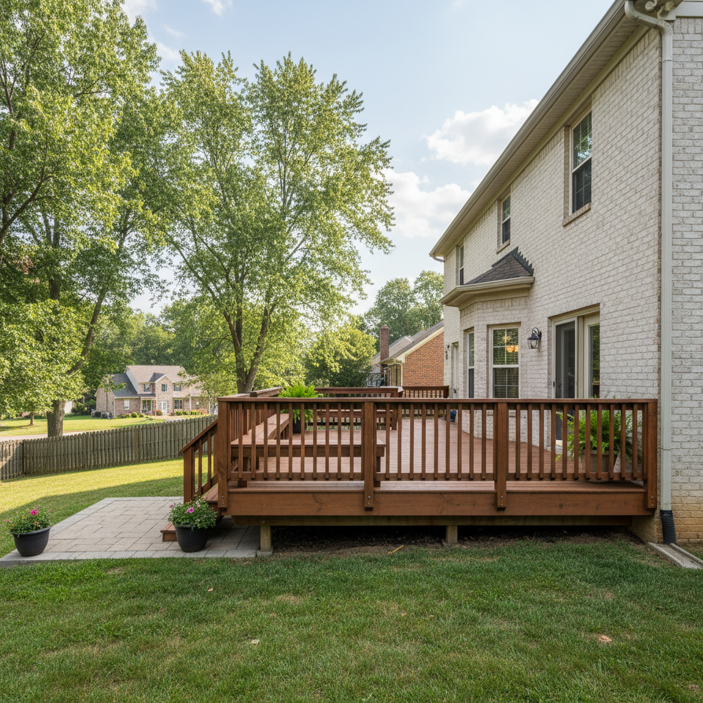 Completed wooden decks work at a residential property in Elizabeth, IN