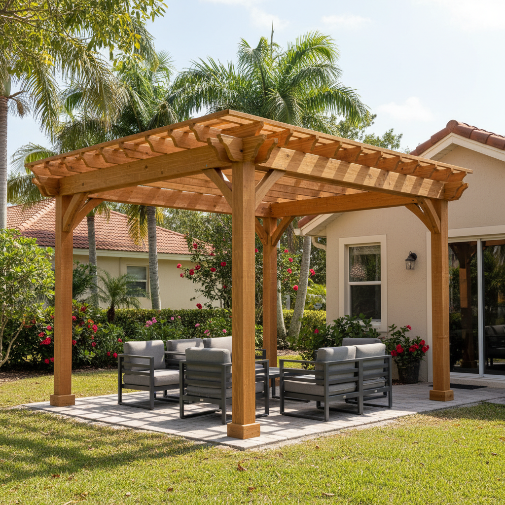 Completed pergola construction work at a residential property in Coral Springs, FL