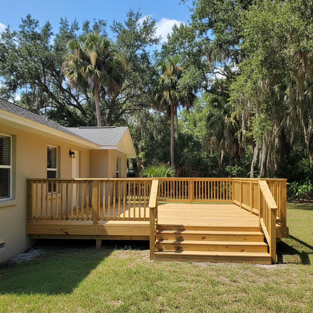 Completed deck construction work at a residential property in Cross City, FL
