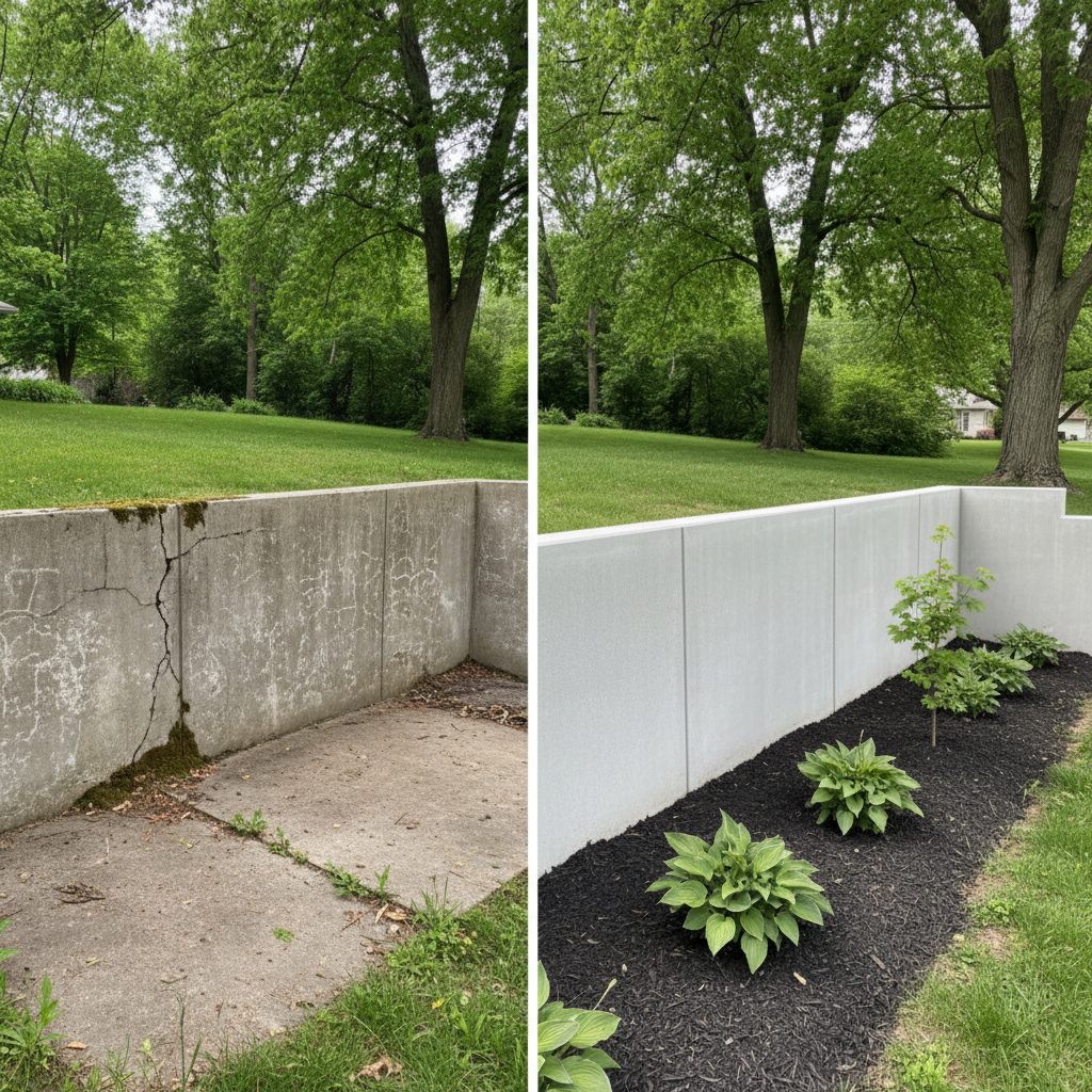 Completed concrete retaining walls work at a residential property in Muncie, IN