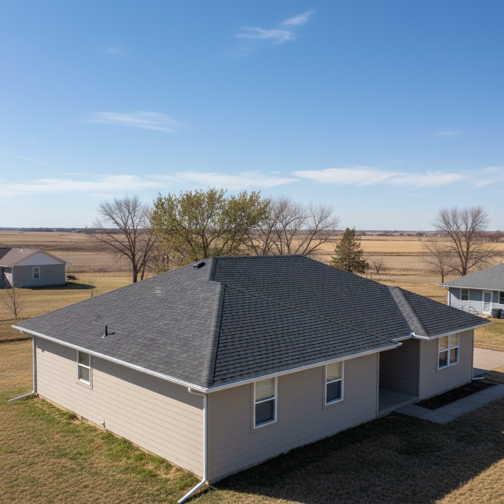 Completed asphalt shingle roofing work at a residential property in Garden City, KS