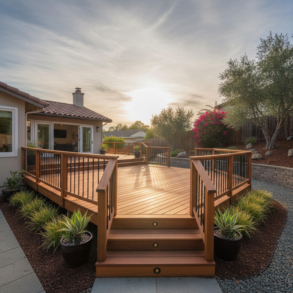 Completed deck construction work at a residential property in San Leandro, CA
