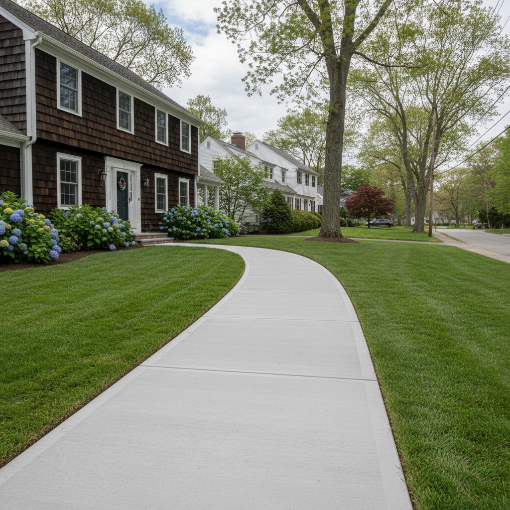 Completed concrete sidewalks work at a residential property in Wellesley, MA