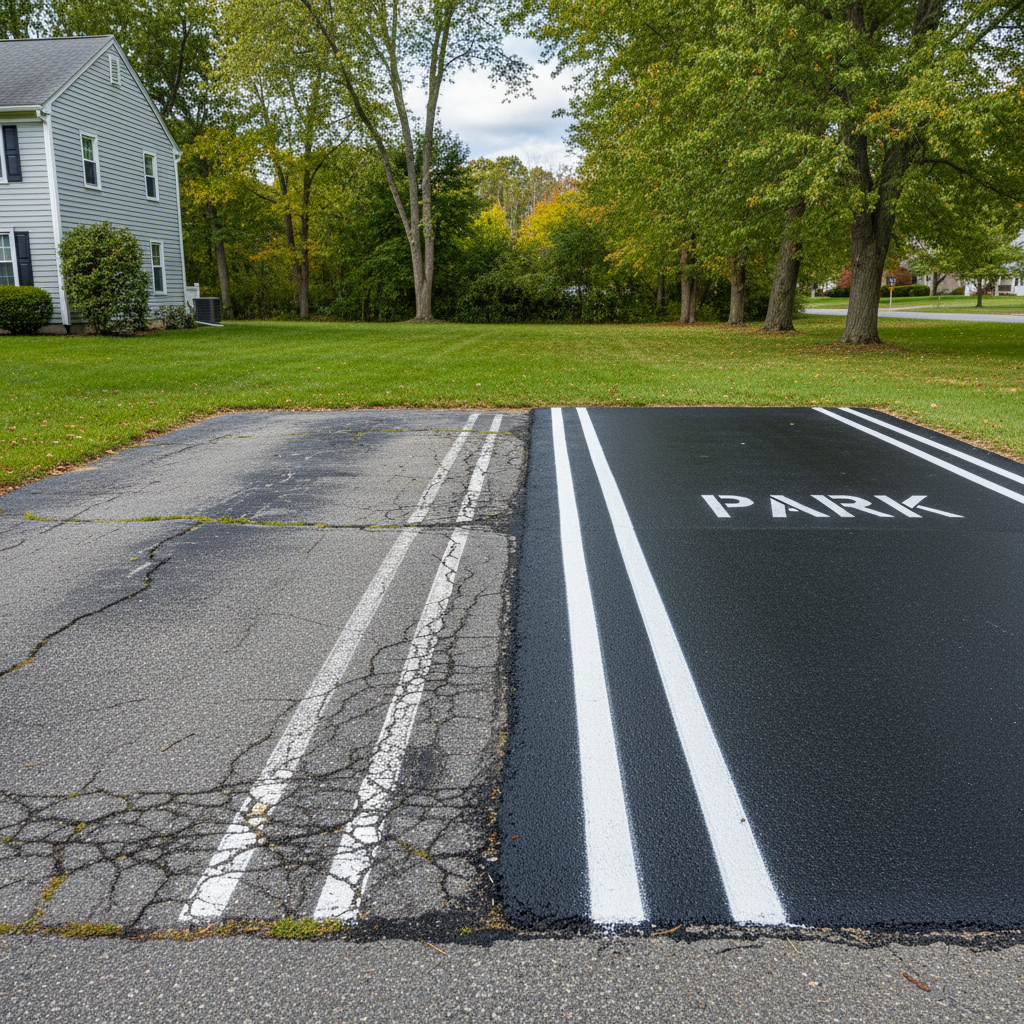 Completed asphalt striping work at a residential property in Taunton, MA