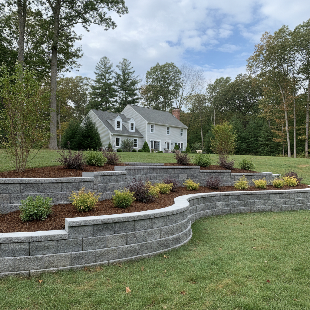 Completed concrete retaining walls work at a residential property in West Greenwich, RI
