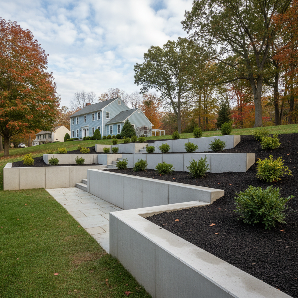 Completed concrete retaining walls work at a residential property in Worcester, MA