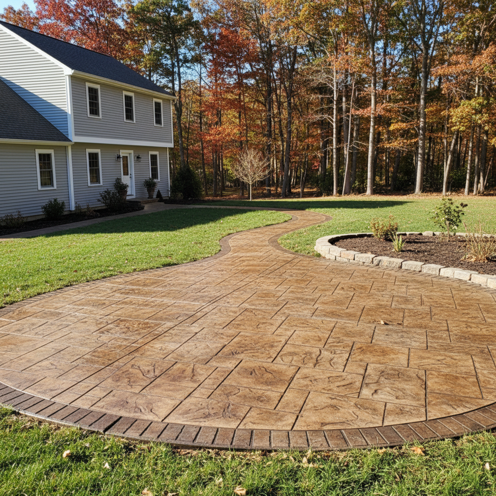 Completed stamped concrete work at a residential property in Weston, MA