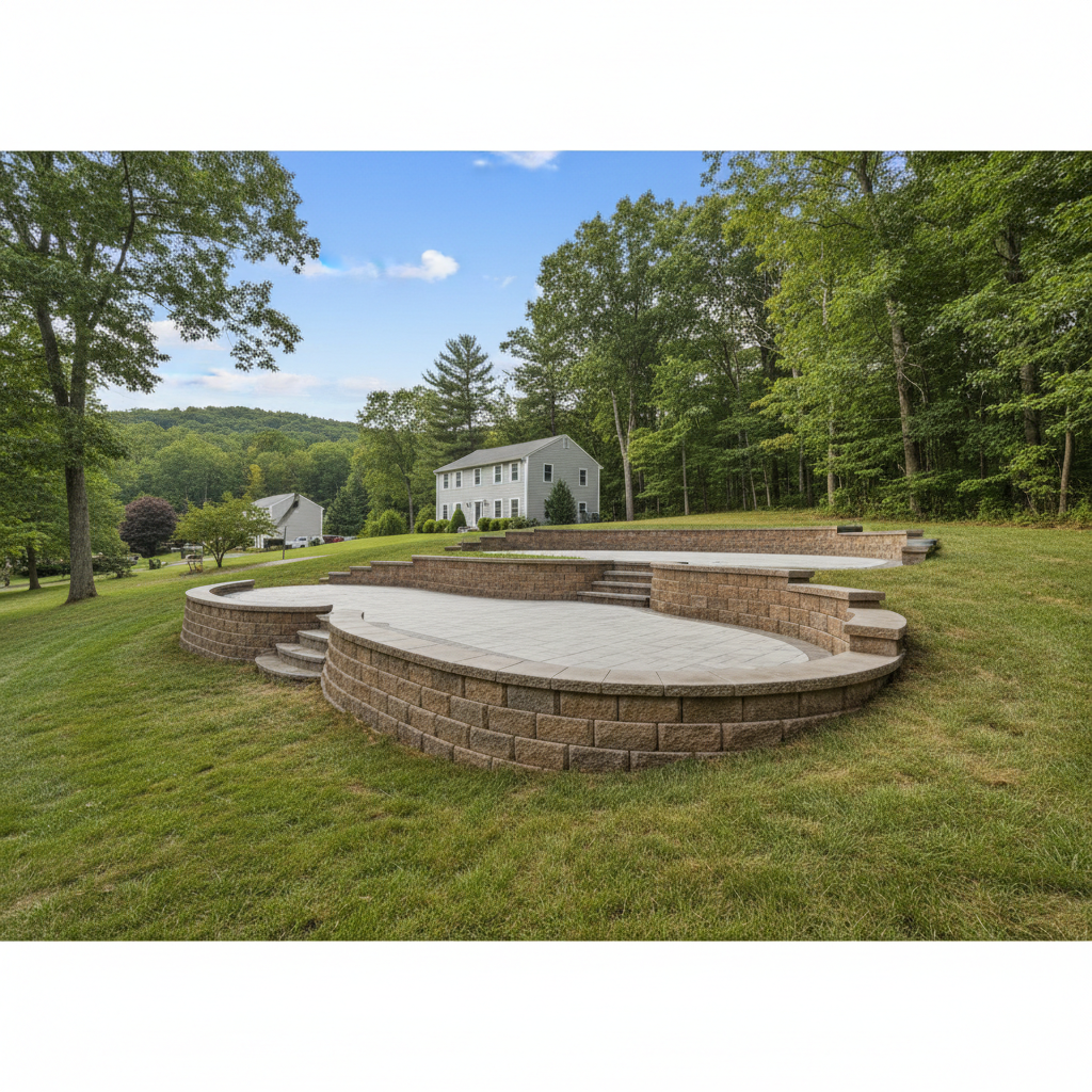 Completed concrete retaining walls work at a residential property in Marlborough, MA