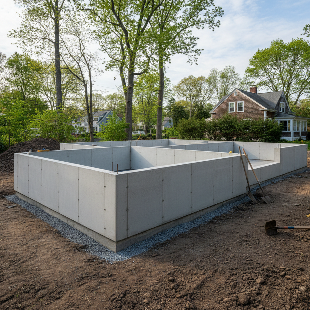 Completed concrete foundations work at a residential property in Brookline, MA