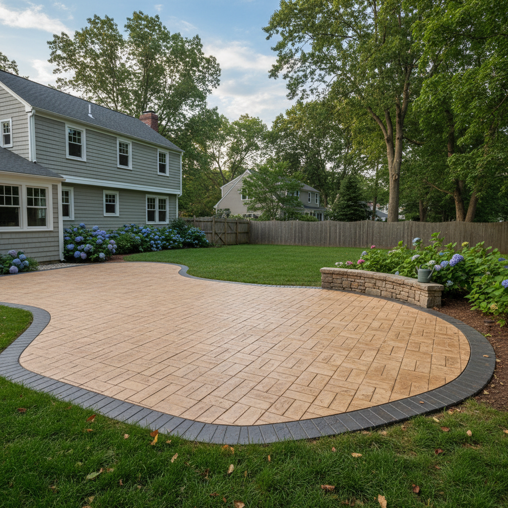Completed concrete patios work at a residential property in Needham, MA