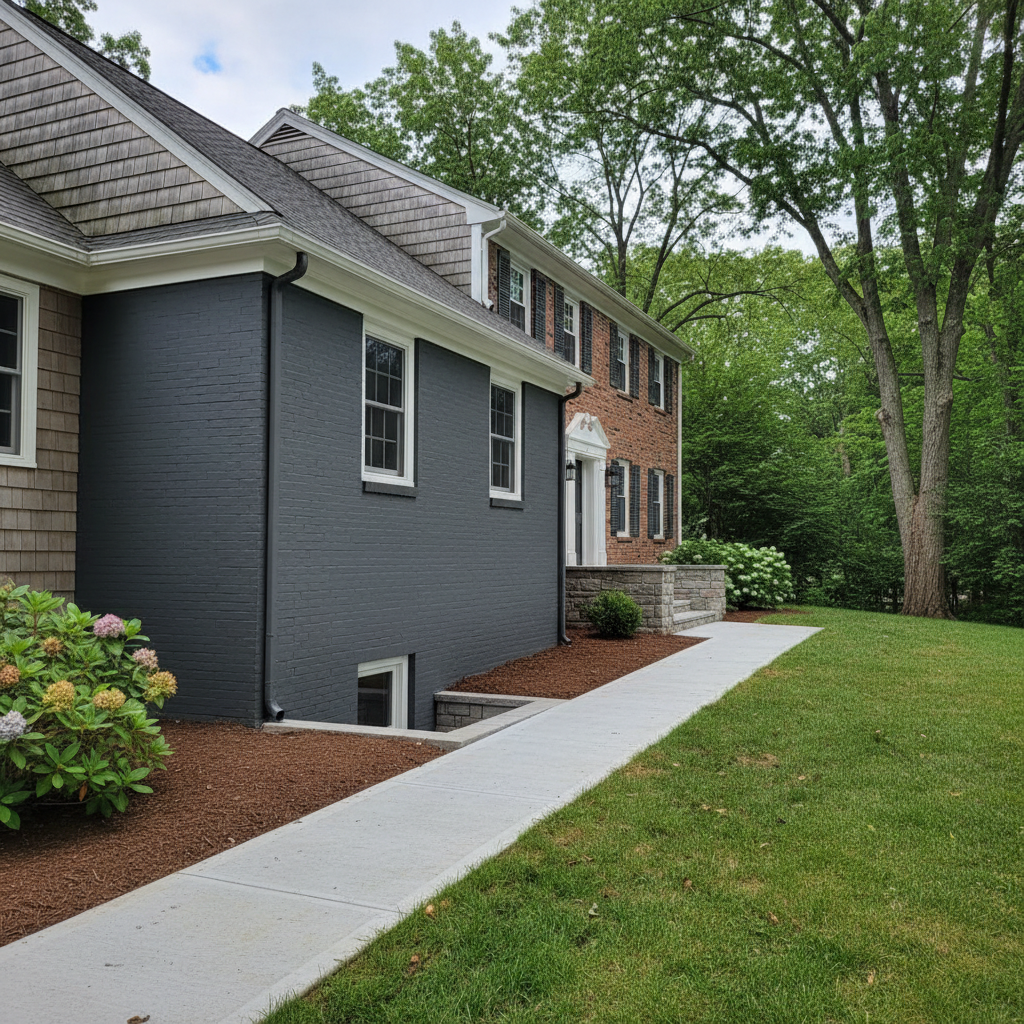 Completed masonry waterproofing work at a residential property in Needham, MA