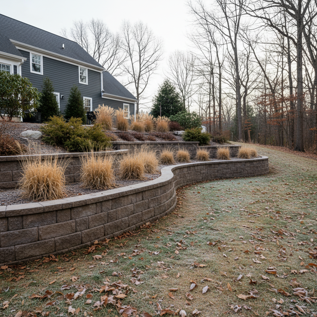 Completed concrete retaining walls work at a residential property in Marlborough, MA