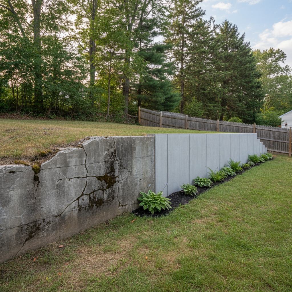 Completed concrete retaining walls work at a residential property in Worcester, MA