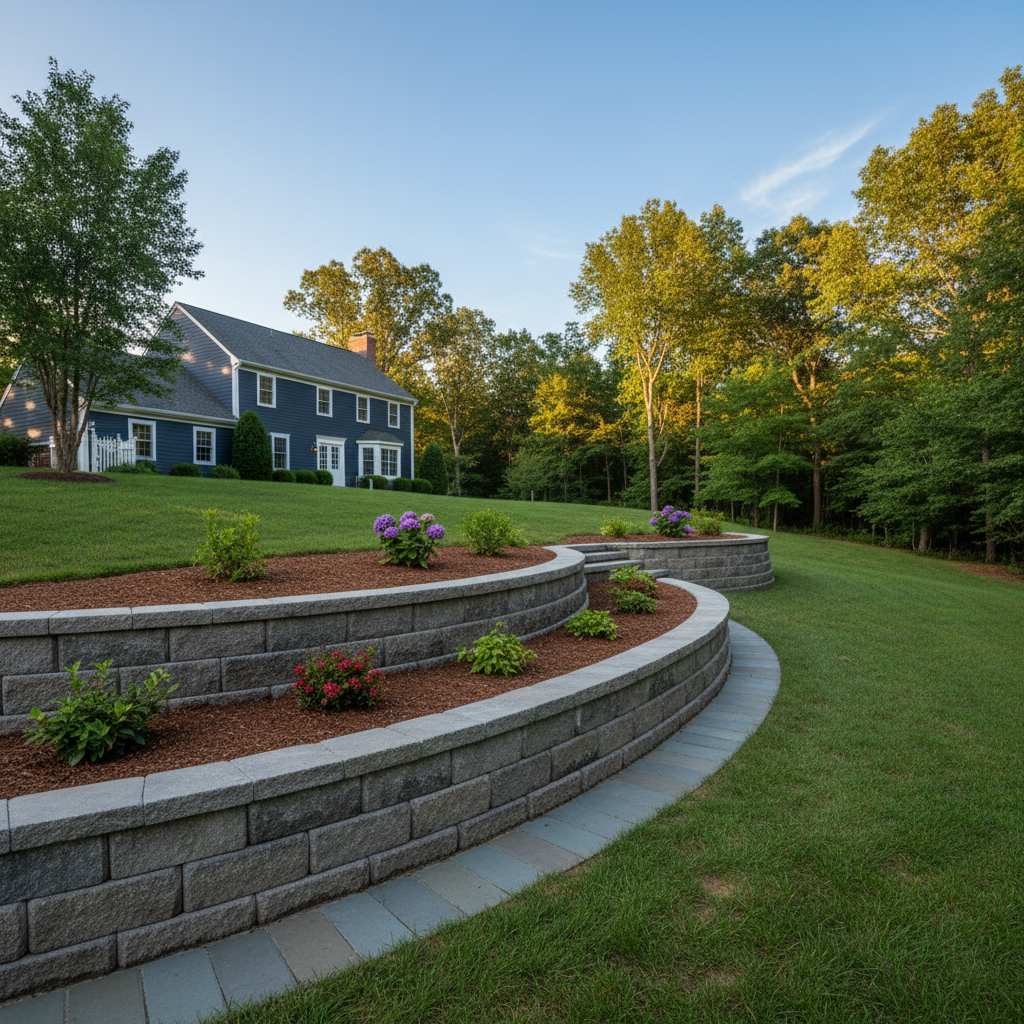 Completed retaining wall construction work at a residential property in Needham, MA
