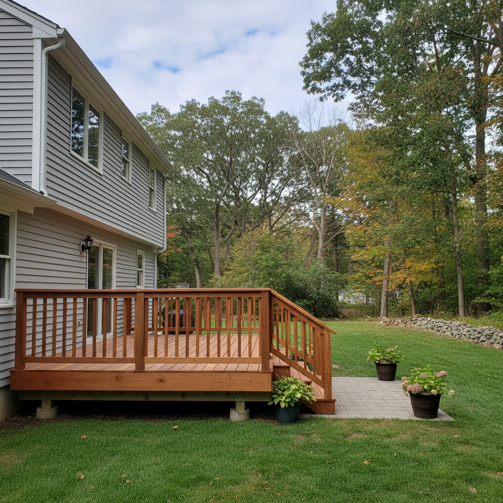 Completed deck construction work at a residential property in Medford, MA