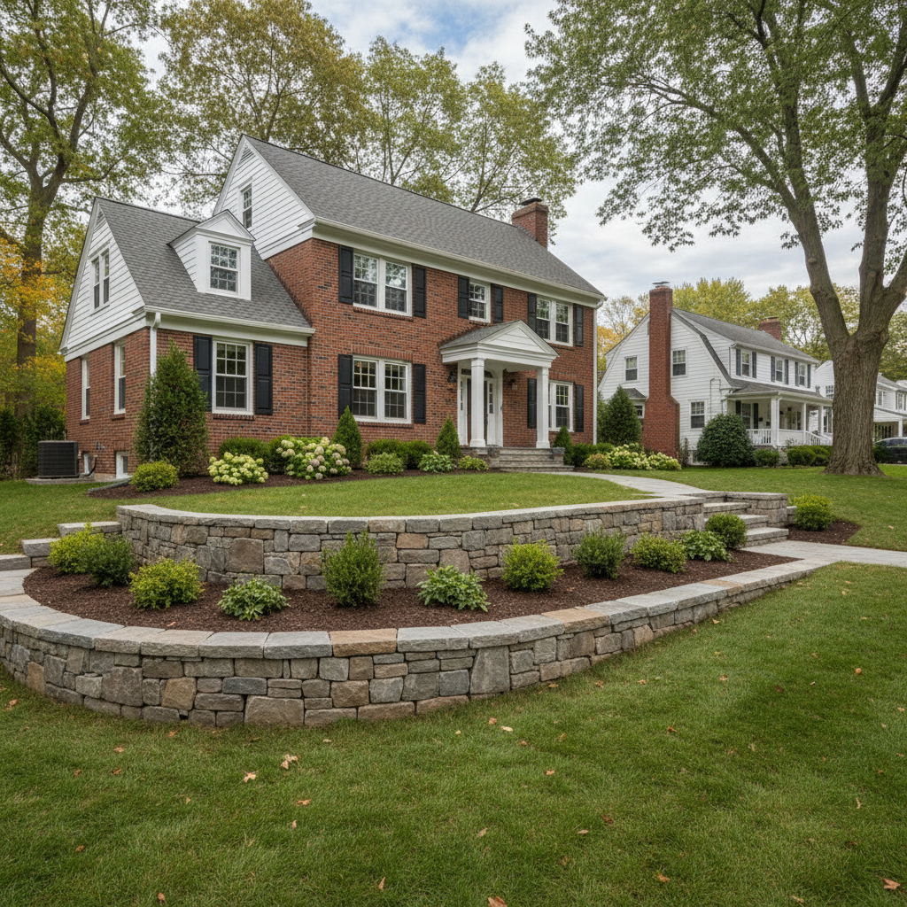 Completed retaining wall construction work at a residential property in Newton, MA