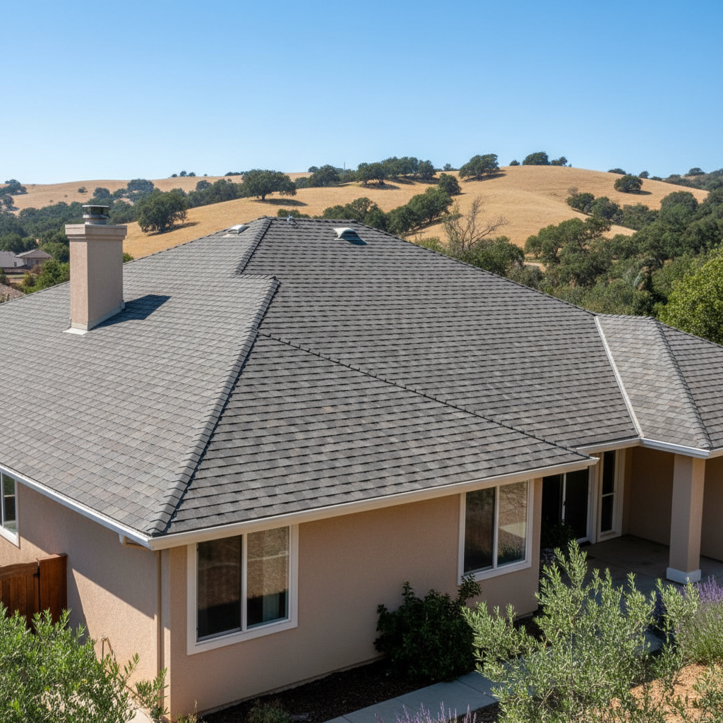 Completed asphalt shingle roofing work at a residential property in El Dorado Hills, CA