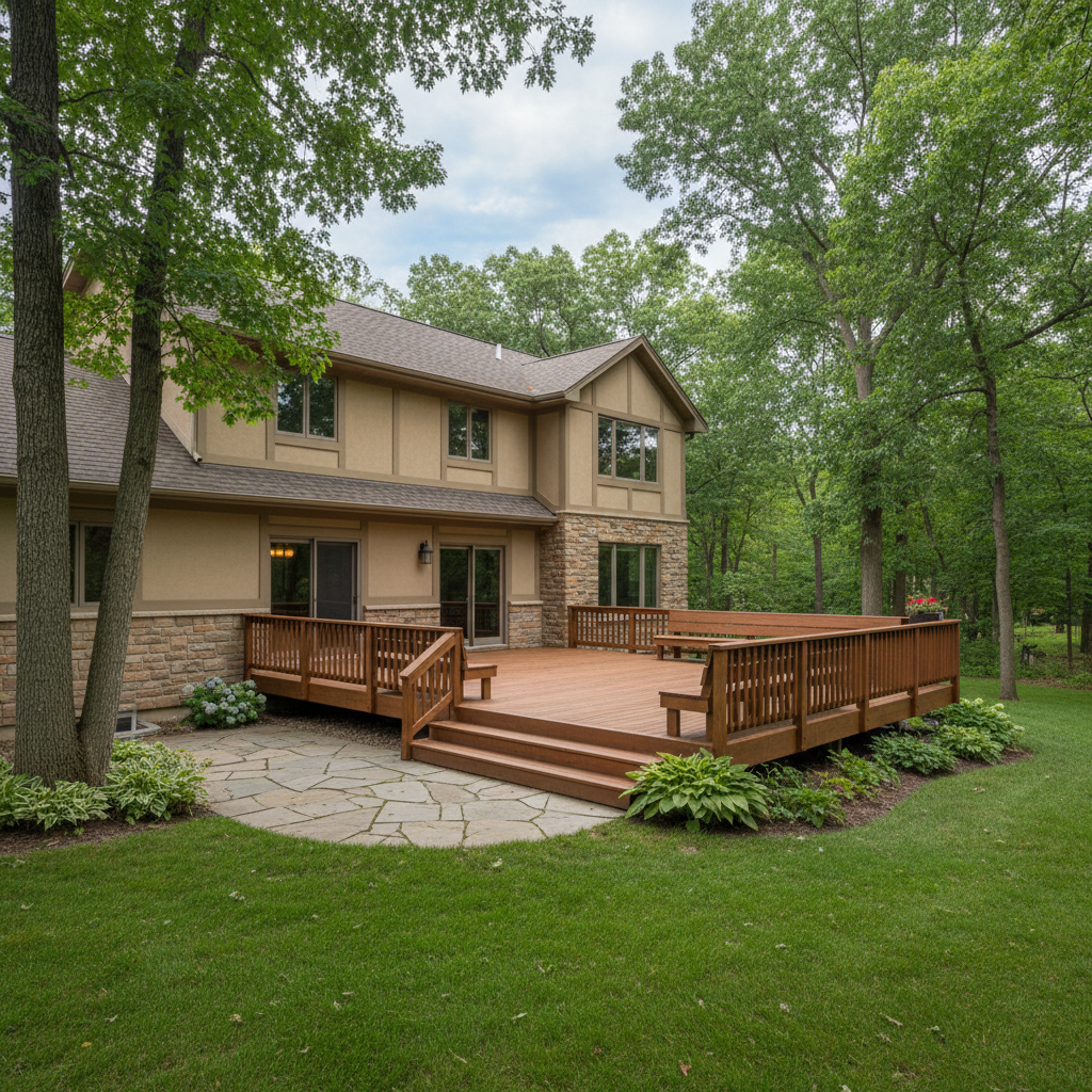 Completed wooden decks work at a residential property in North Oaks, MN