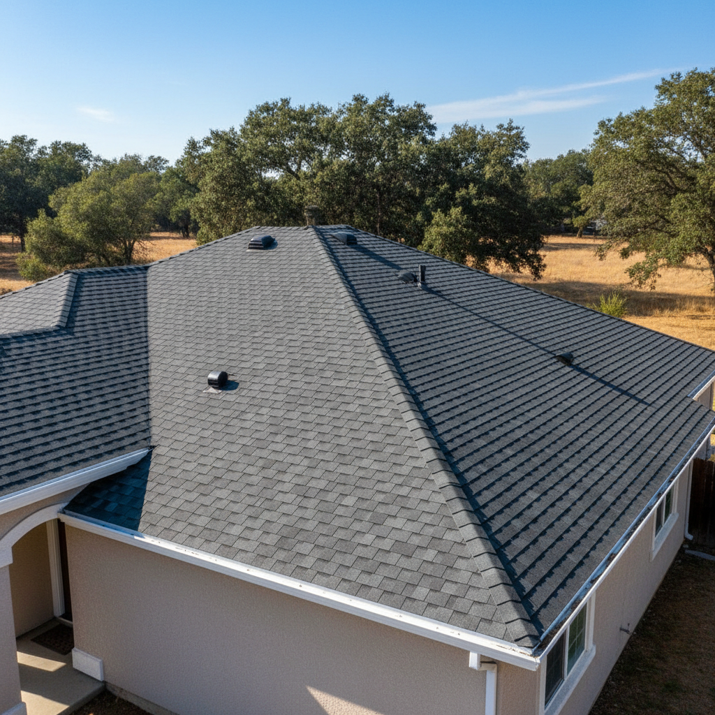 Completed asphalt shingle roofing work at a residential property in Rancho Cordova, CA
