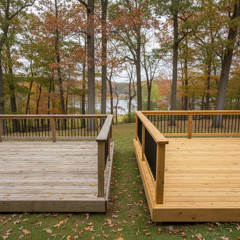 Completed wooden decks work at a residential property in North Oaks, MN