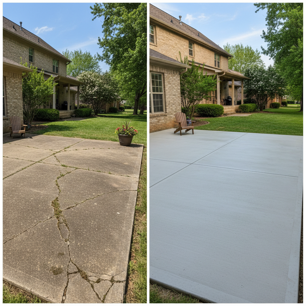 Completed concrete patios work at a residential property in Aurora, MO