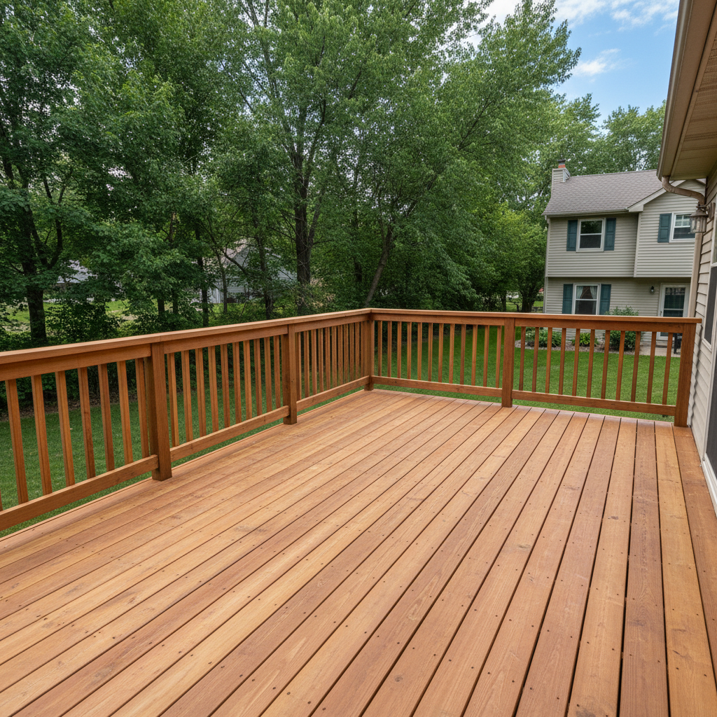 Completed wooden decks work at a residential property in Bloomington, MN