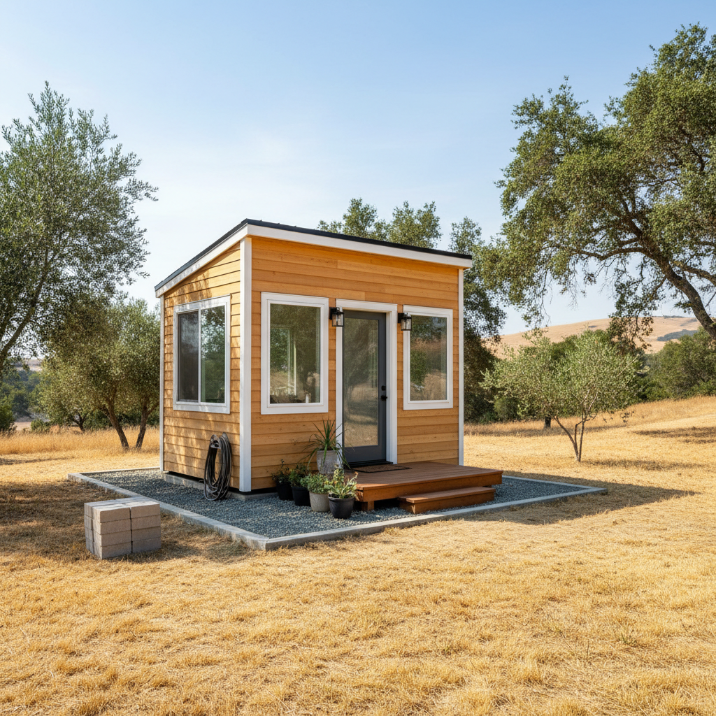 Completed tiny homes work at a residential property in Tracy, CA