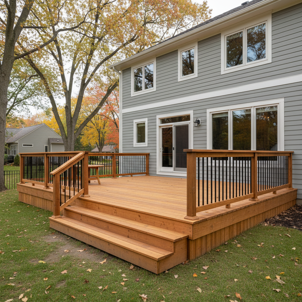 Completed wooden decks work at a residential property in Minneapolis, MN