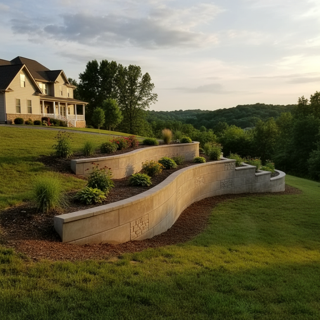 Completed concrete retaining walls work at a residential property in Aurora, MO