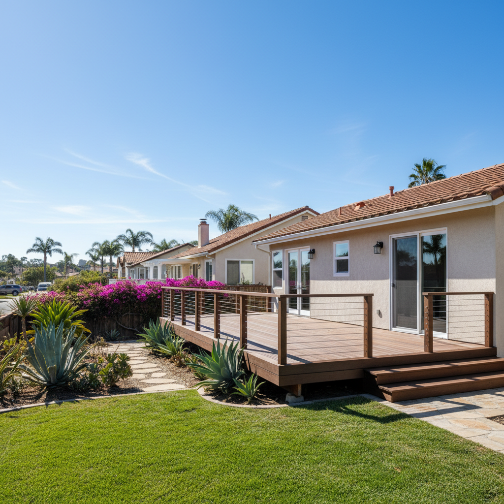 Completed deck railing installation work at a residential property in Encinitas, CA