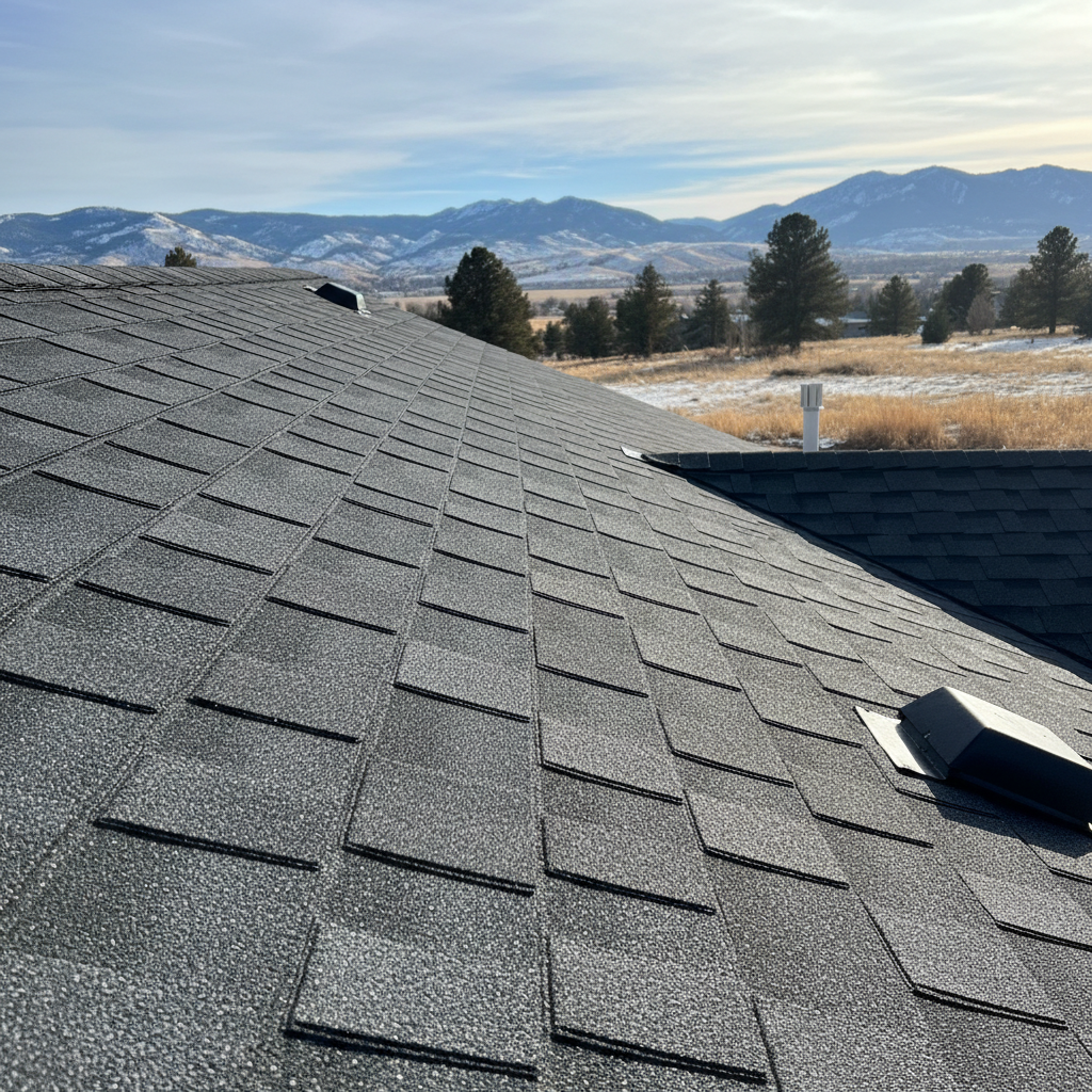 Completed asphalt shingle roofing work at a residential property in Bozeman, MT